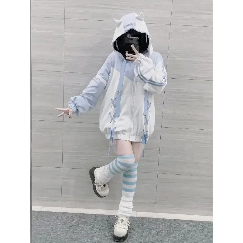 Harajuku New Outdoor Apparel Strap Japanese Women's Zipper Hoodie Aqua Casual Fashion Plus Size Kawaii Top