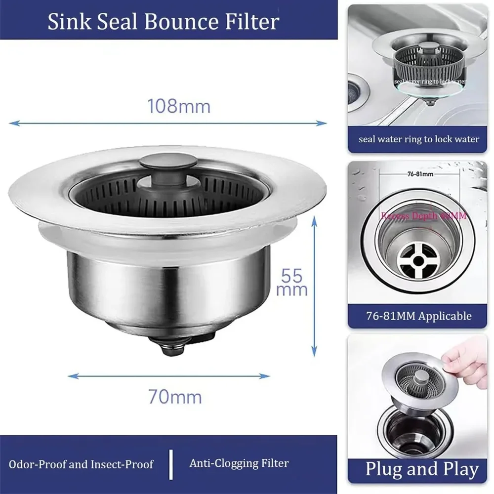 Kitchen Filter Sink 3 In 1 Pop Up ABS Silver Plated Sink Strainer Drain Basket Stopping Blockage Bouncing Core Leak-proof Plug