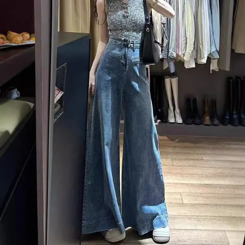 Vintage Blue High Waist Loose Fit Slimming Floor Length Jeans for Women Winter New American High Street Drapey Wide Leg Pants