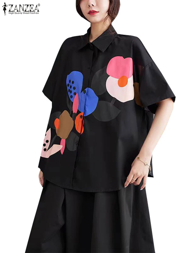 2024 Zomer Revers Kraag Koreaanse Tops ZANZEA Vrouwen Bloemen Bedrukte Shirts Vakantie Korte Mouw Blouse Casual Losse All-Match tuniek