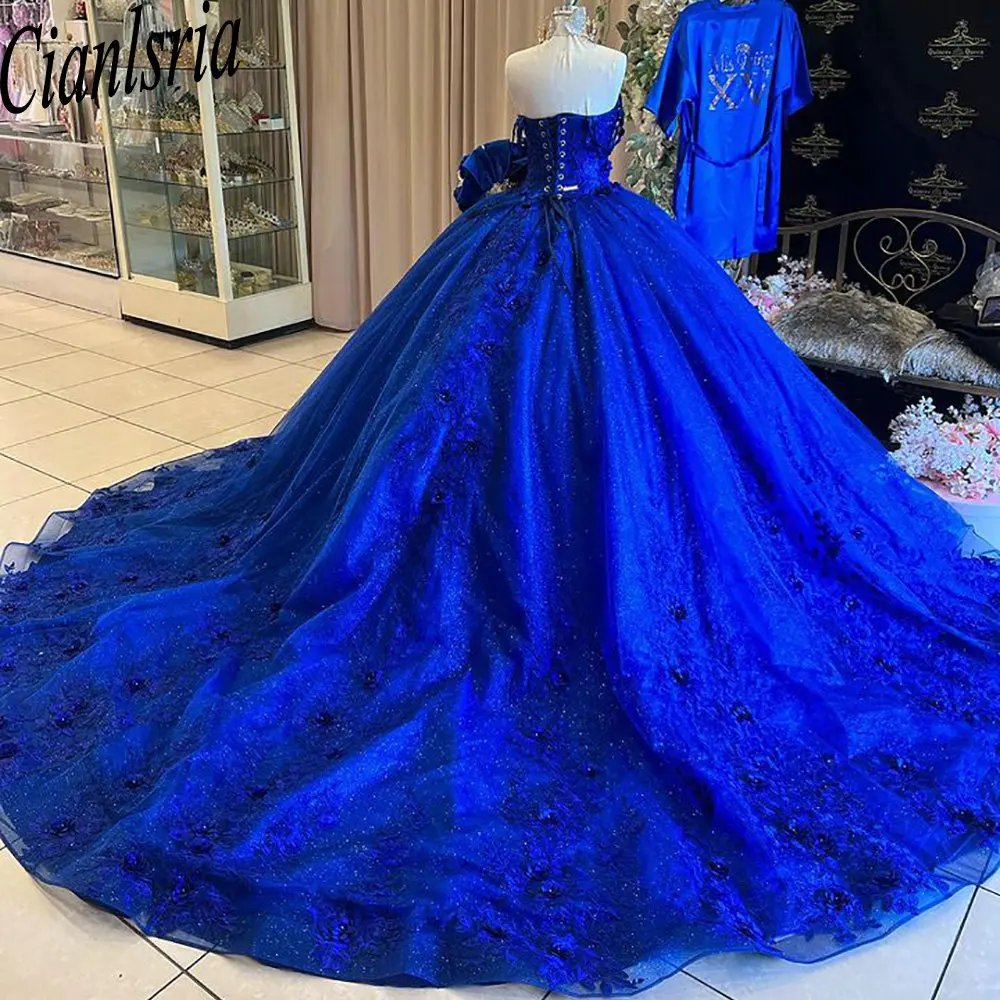 

Royal Blue Glitter Crystal 3D Flowers Quinceanera Dresses Ball Gown Off The Shoulder Appliques Lace Princess Sweet 15 Birthday