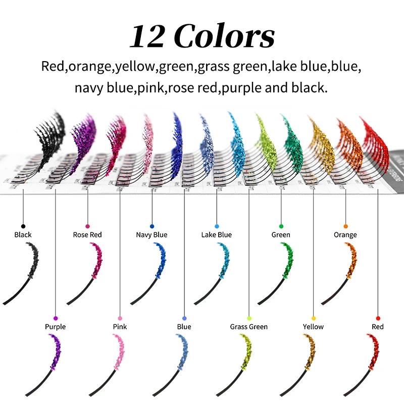 ขนตาปลอมแบบพัดสำเร็จรูป 12 สีผสม กลิตเตอร์หลากสี ขนตาฟูฟ่อง สำหรับแต่งหน้าคอสเพลย์และความงาม