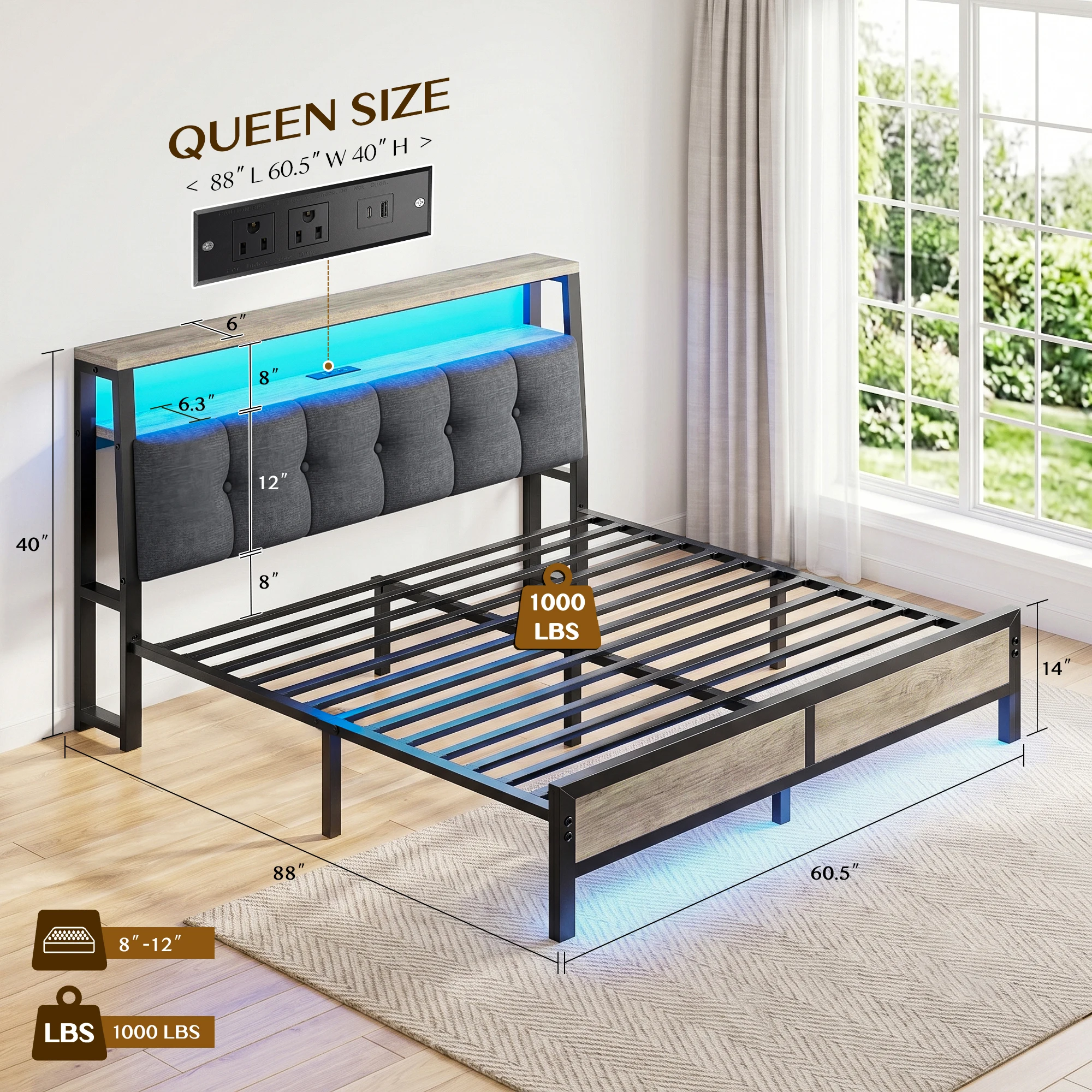 RAYBEE King Bed Frame with Upholstered Headboard & Charging Station Linen Upholstery, 2-Tier Shelf, 2 AC Outlets, Type-C, RGB LED Remote, 12in Underbed Clearance, 1100 lbs, No Box Spring, Grey image 7