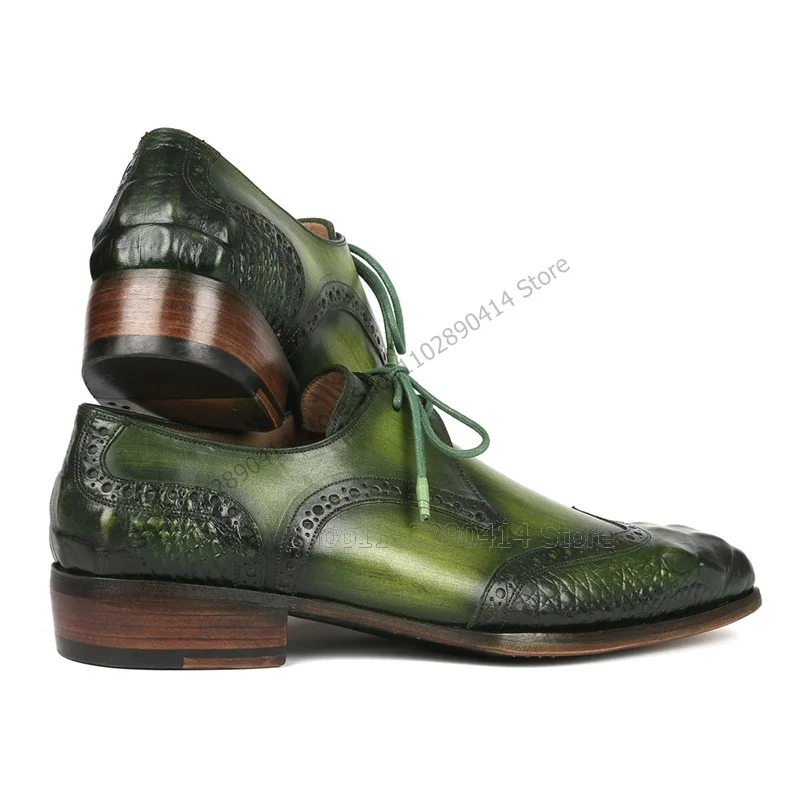 Green Gradient Color Fretwork Strappy Men Derby Shoes Fashion Lace Up Men Shoes Luxurious Handmade Party Banquet Men Dress Shoes