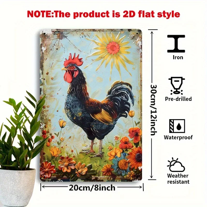 Retro Rooster Iron Sign, 8X12 Inch, Rustic Farmhouse Wall Decor, Multi-Purpose Metal Plaque for Home, Club, Unique Creative Desi