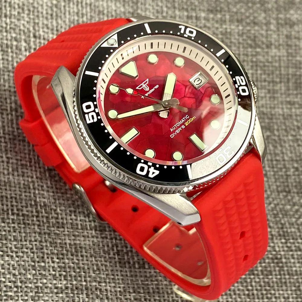 Tandorio SBDX001 Diver Steel Automatic Watch Men White Chapter Ring MOP Red Dial Sapphire Glass Waterproof Wristwatch Green Lume