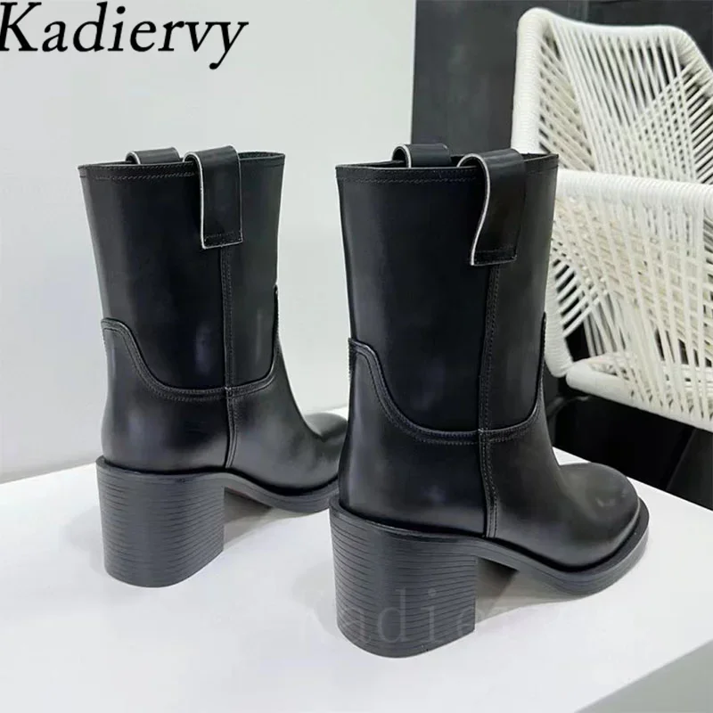 Genuine Leather Short Boots Women Square Heels Runway Shoes Round Toe Slip-on Mid Calf Boots Chunky Heels Chelsea Boots Woman