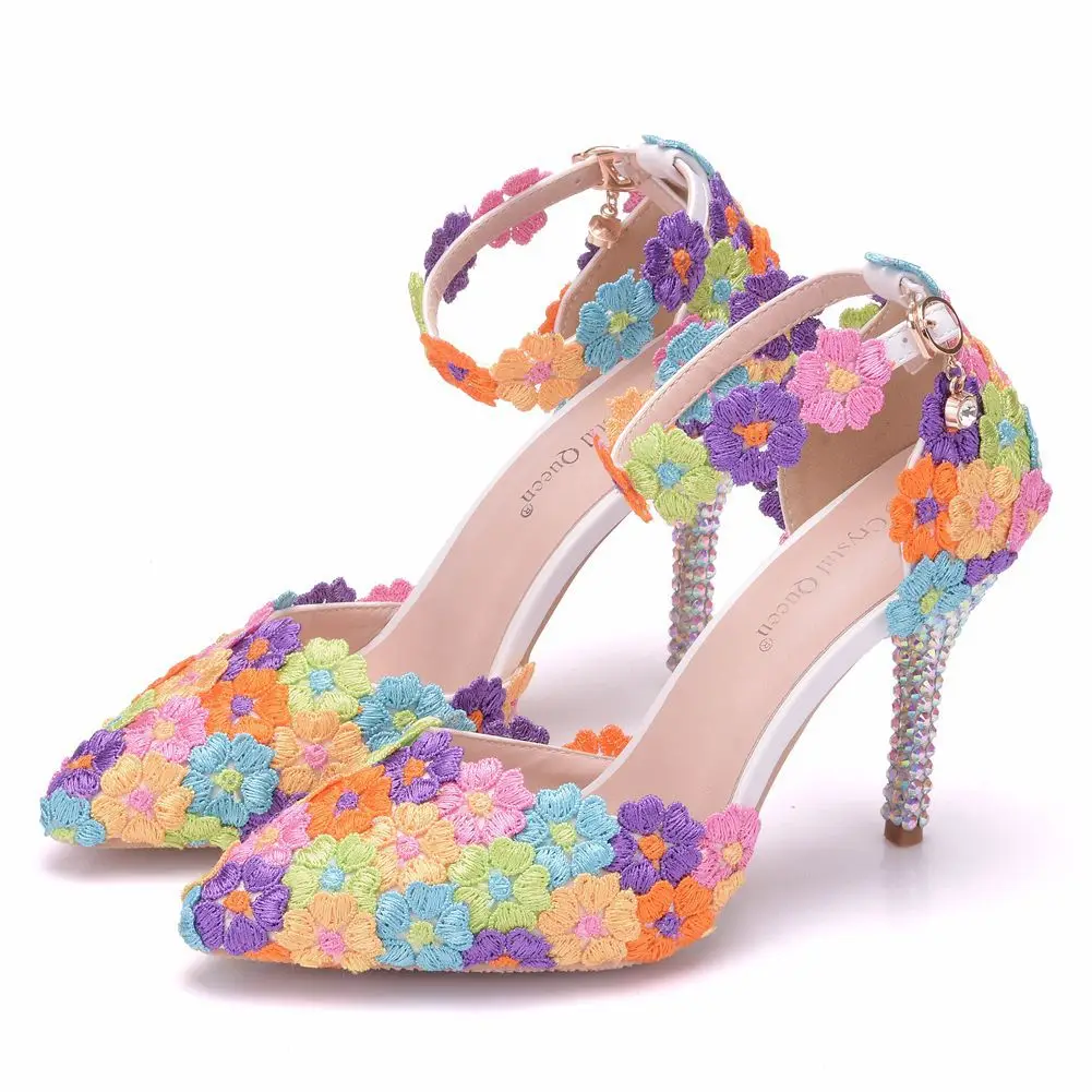 

Spring and summer pointed toe hollow rhinestone lace flower wedding shoes banquet large size small size high-heeled women sandal
