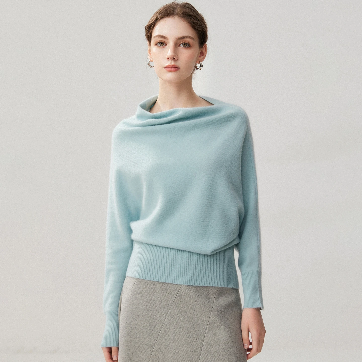 Suéter de cachemir 100% para mujer, otoño-invierno, con cuello de pila, hombro asimétrico y tejido de hilo ancho en la parte inferior, ropa de punto