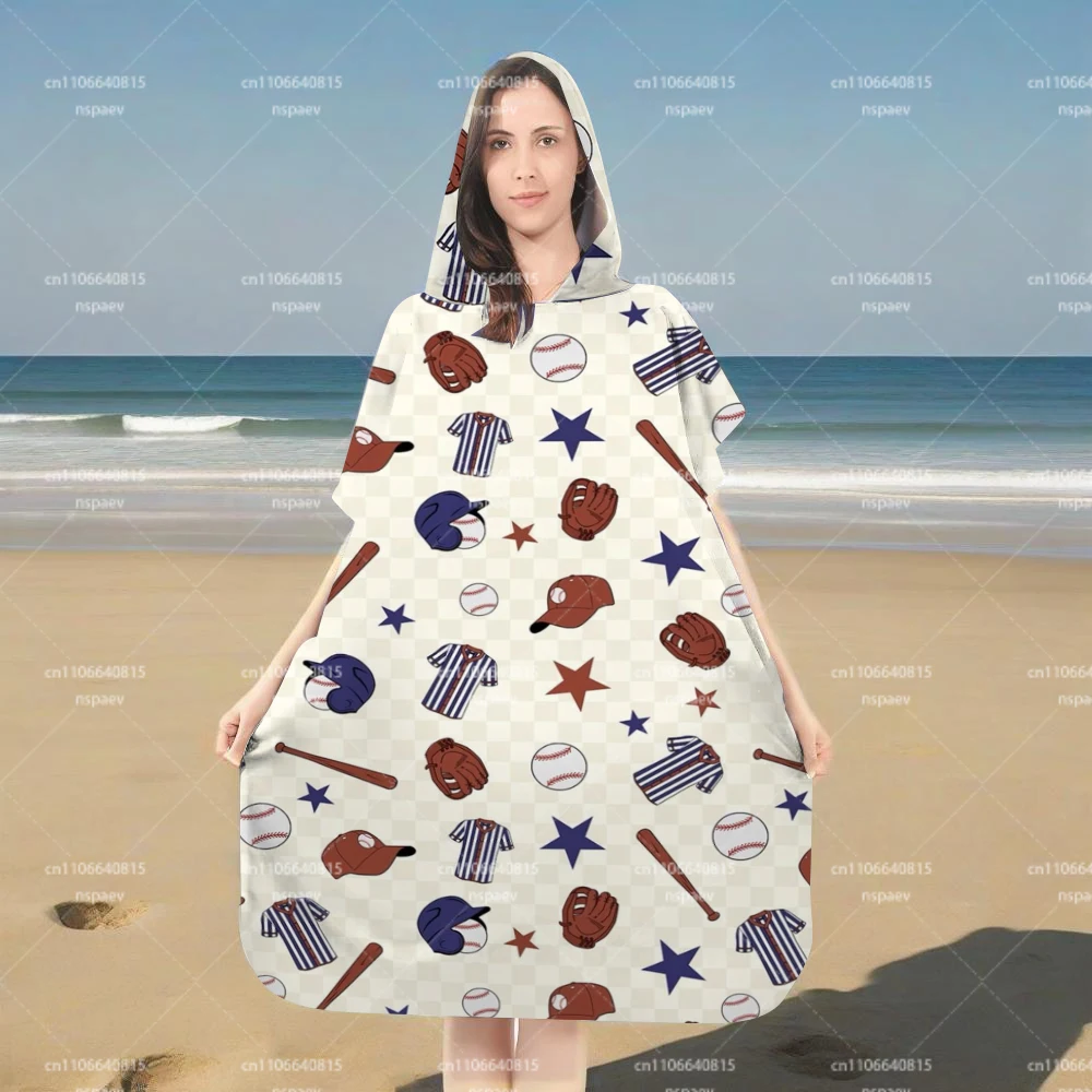 Parent-Child Baseball Print Hooded Bathrobe, Quick Dry Wearable Towel Poncho for Beach Swim Pool