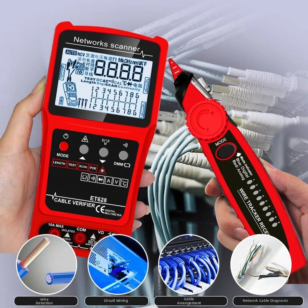 ET628 3-in-1 Network Cable Tester Multimeter With LCD Screen For For RJ45 Coaxial Wire Tracking Length Measurement And Fault Loc
