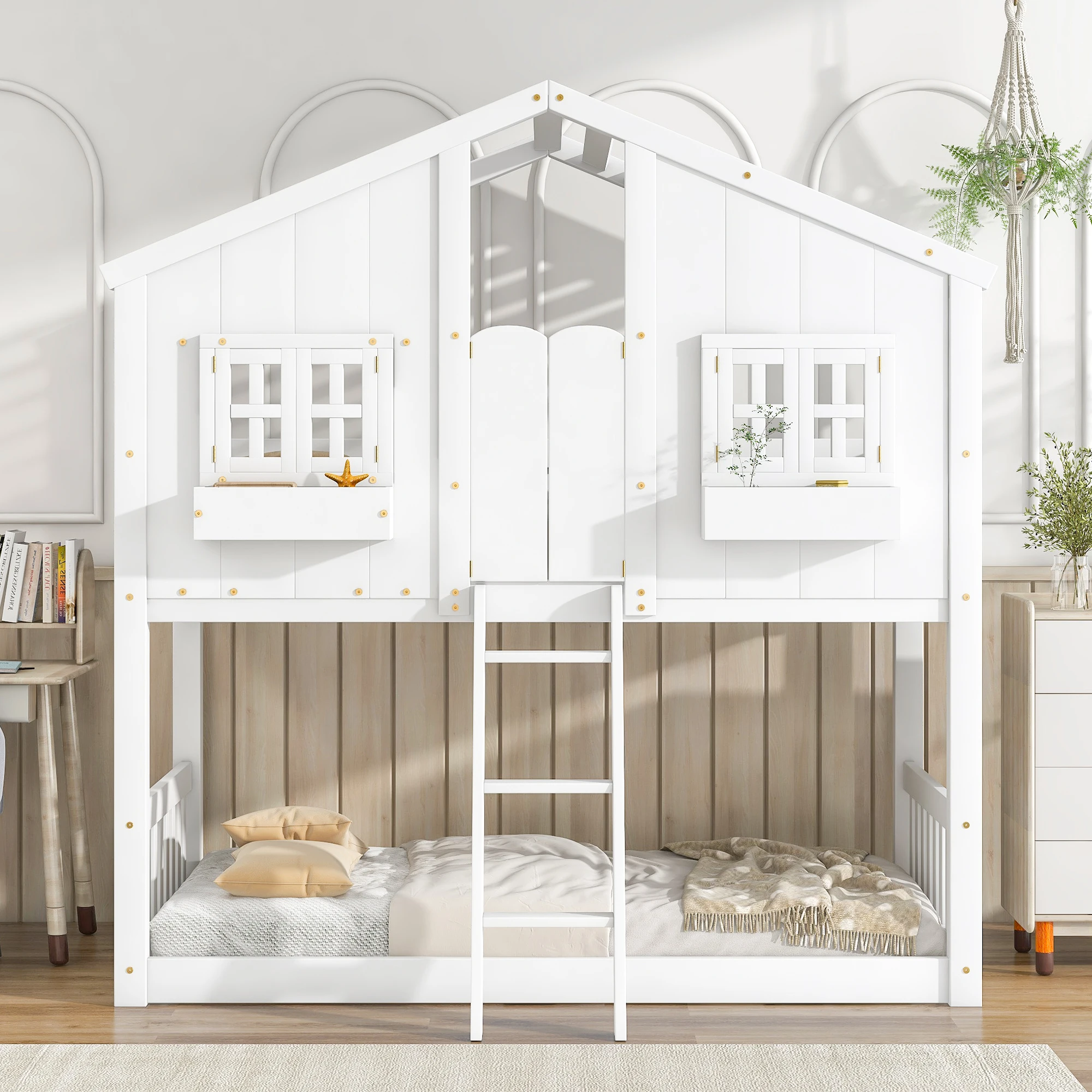 Twin over Twin House Bunk Bed with Roof, Window Box, Door, Safety Guardrails, Ladder - White  81.70x57.80x86.90 in.