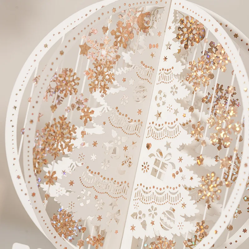 Handgefertigte 3D-Pop-Up-Weihnachtskarte mit goldenem Schneeflocken-Kristallkugel-Design, Vintage-Blumengruß, Feiertags-Party-Dekoration