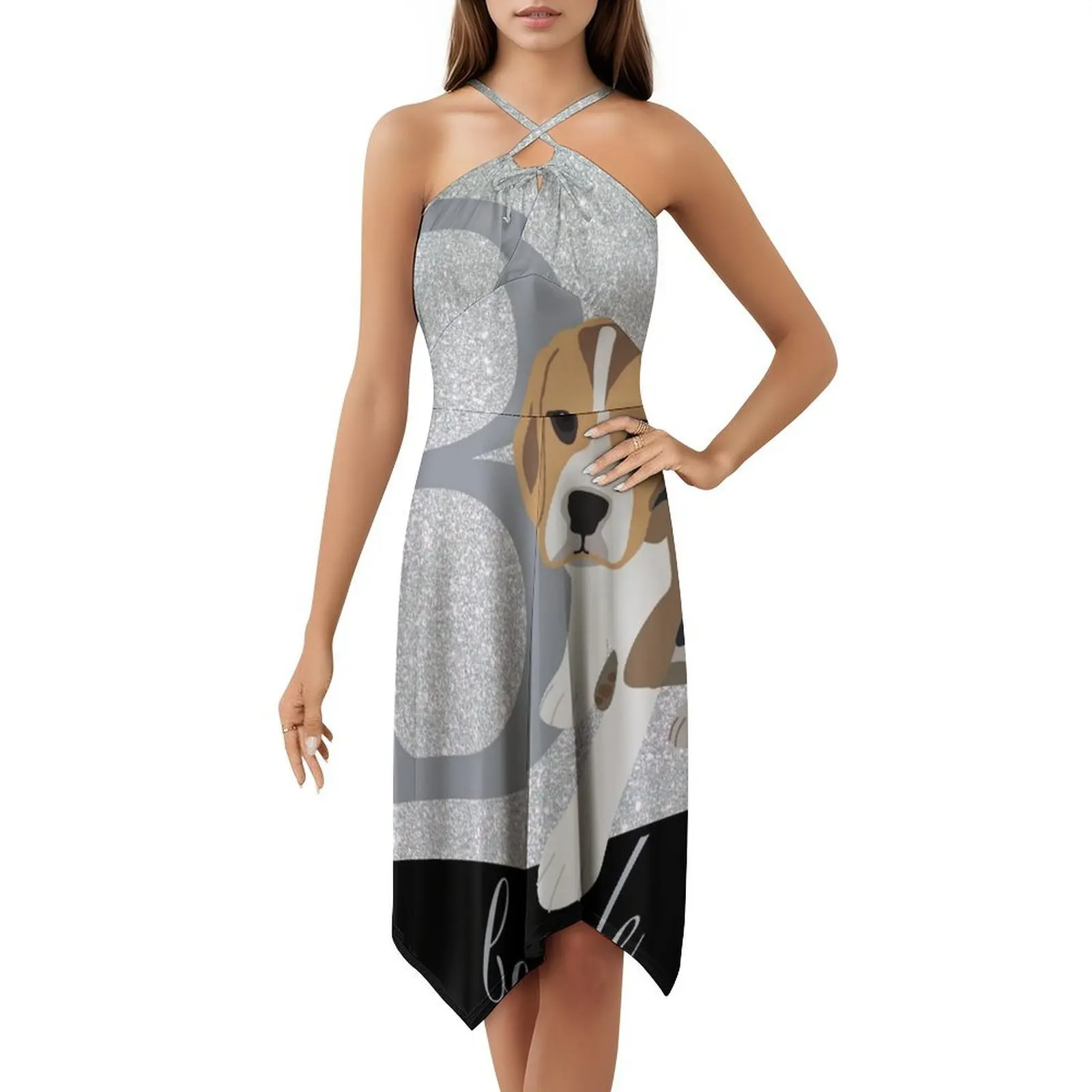 B مخصص لبيغل كارتون جرو الكلب مع بريق الفضة المرأة فستان حفلة أنيقة فستان على شكل حرف a مع قصير/طويل/أكمام