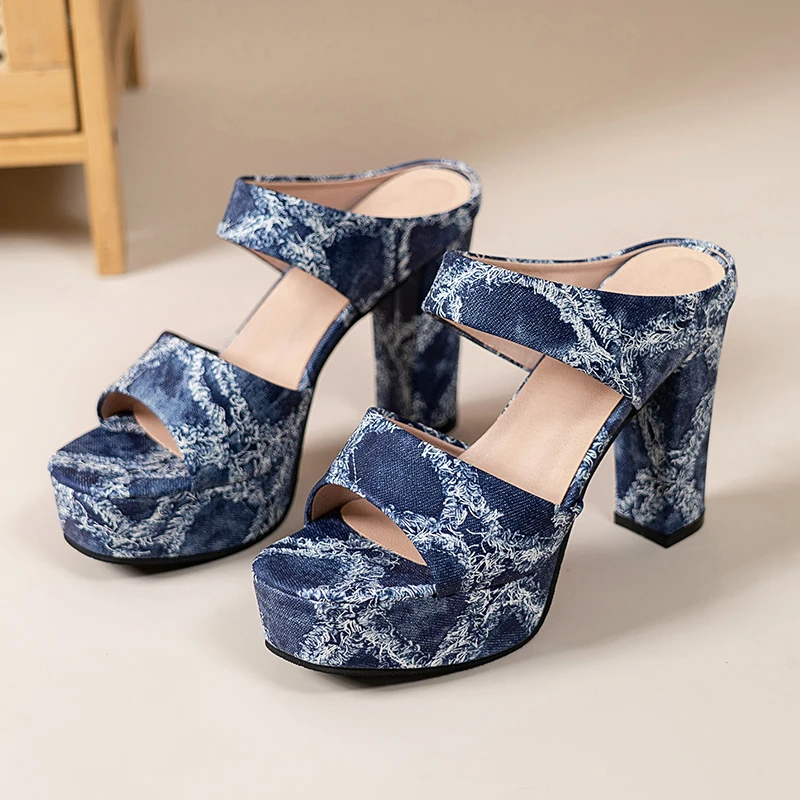 

Новые летние женские джинсовые сандалии на высоком каблуке 2026 года, водонепроницаемые шлепанцы на платформе, большие размеры 34-42, сексуальные женские туфли-слайды
