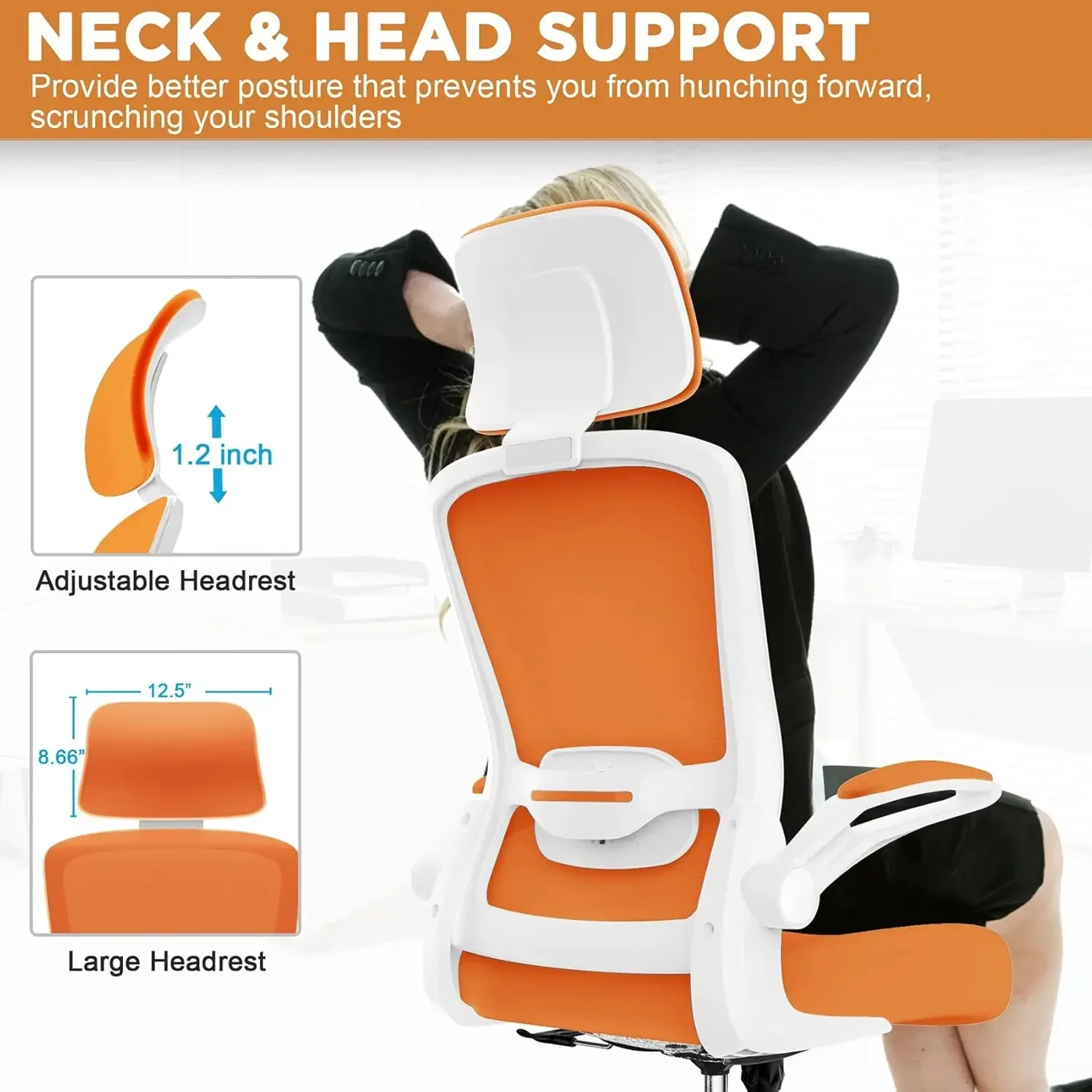 Office Chair, High Back Ergonomic Desk Chair with Adjustable Lumbar Support and Headrest, Swivel Task Chair with flip-u