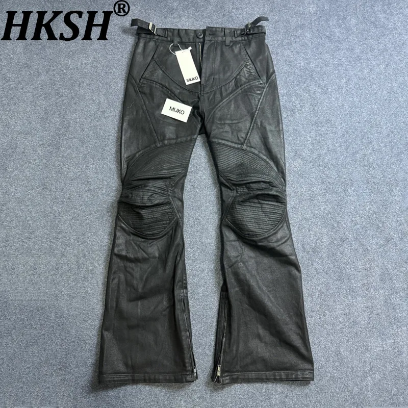 HKSH Spring Autumn New Men Tide Dark American Vibe Ins Heavy Coated Waxed Patchwork Pleated Silhouette Micro-Flare Jeans HK26561
