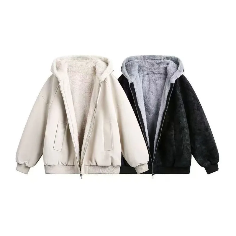Winter New Beige Hooded Jacket with Lining Thickened Loose Warm Fur Leather Integrated Imitation Carved Leather Cotton Jacket