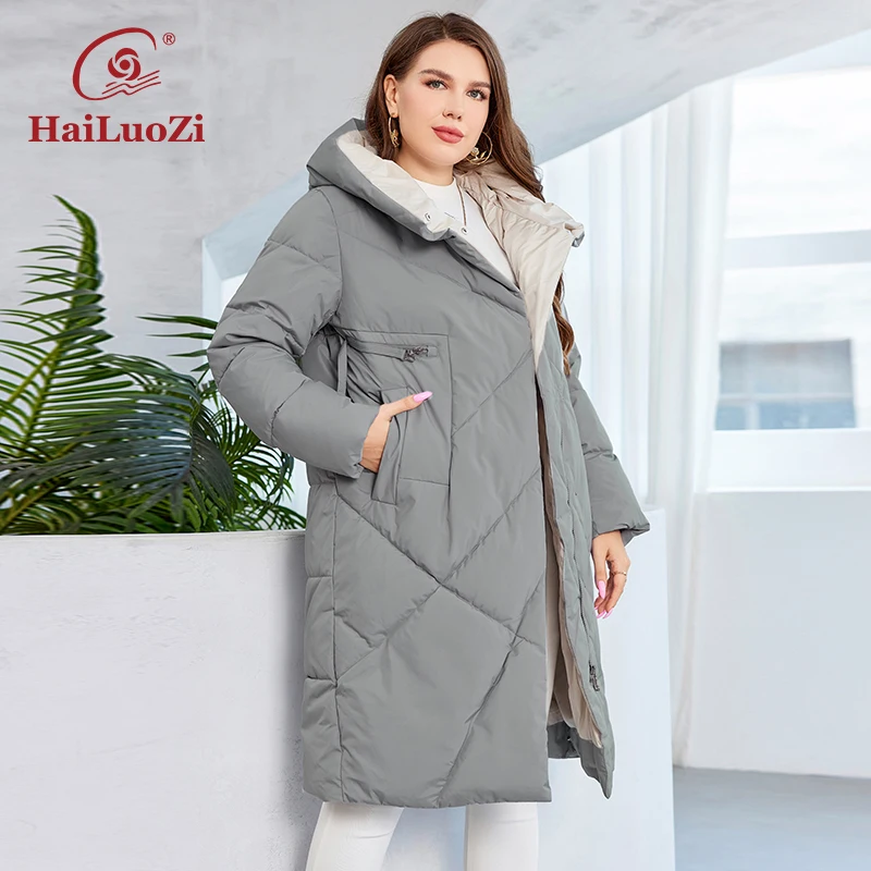 HaiLuoZi 2023 nueva chaqueta de invierno de talla grande con cremallera larga Parka femenina de alta calidad Color sólido abrigo cálido de moda para mujer 1122