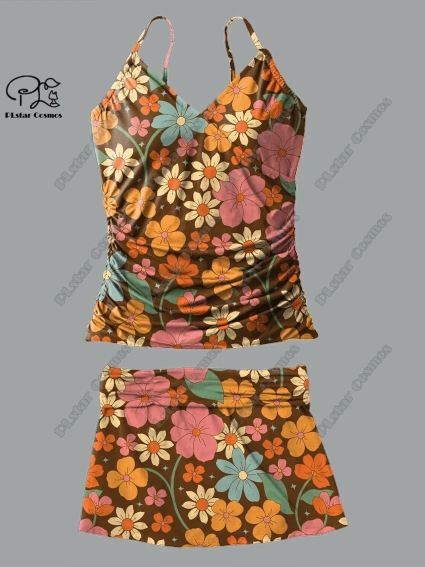 Frauen V-Ausschnitt Sommer kleine frische Blumen Tier Print Hosenträger Rock Stil zweiteiligen Badeanzug Anzug Urlaub neue Badeanzug Q-71