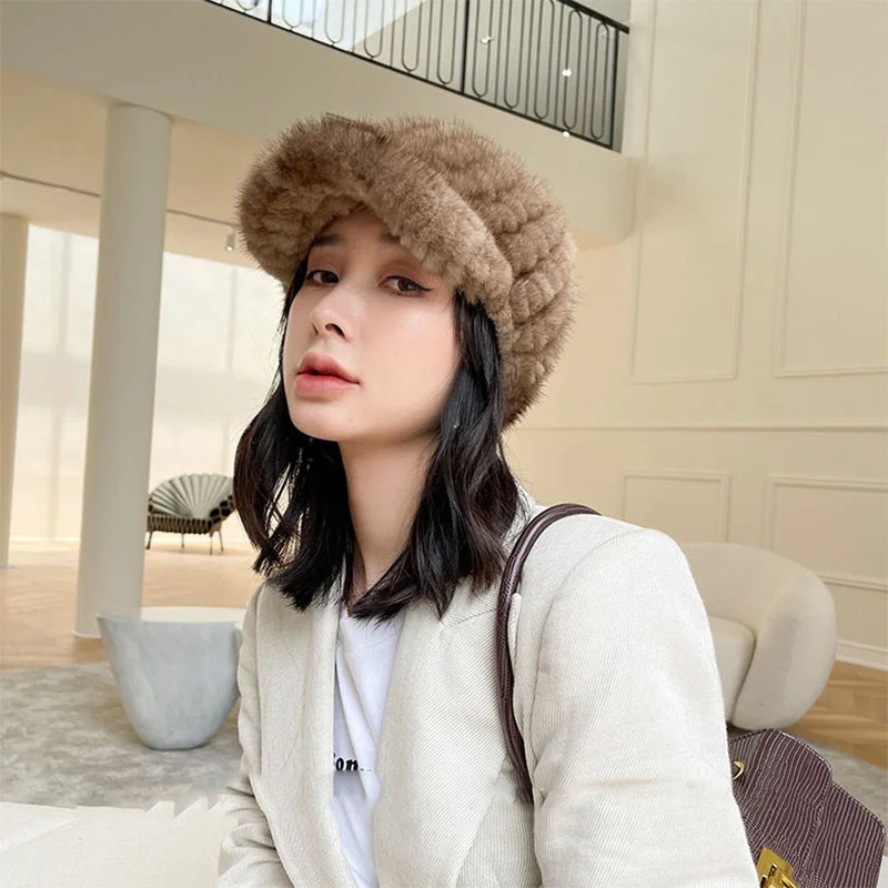 

Winter Women's Mink Hair Empty Top Hat Fashion Weaving Duck Tongue Hat Russian Outdoor Leisure Sports Warm Hat New Style