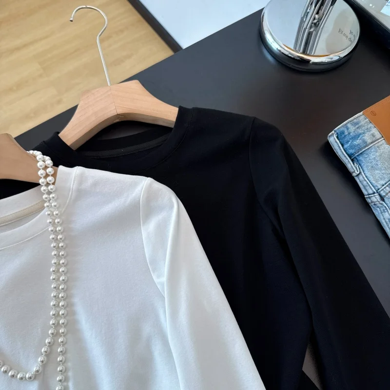 New Chinese Style Long Sleeve Pure Color Furry Sleeve round Neck Base Layer Ladylike Top for Autumn Season Women's Fashion