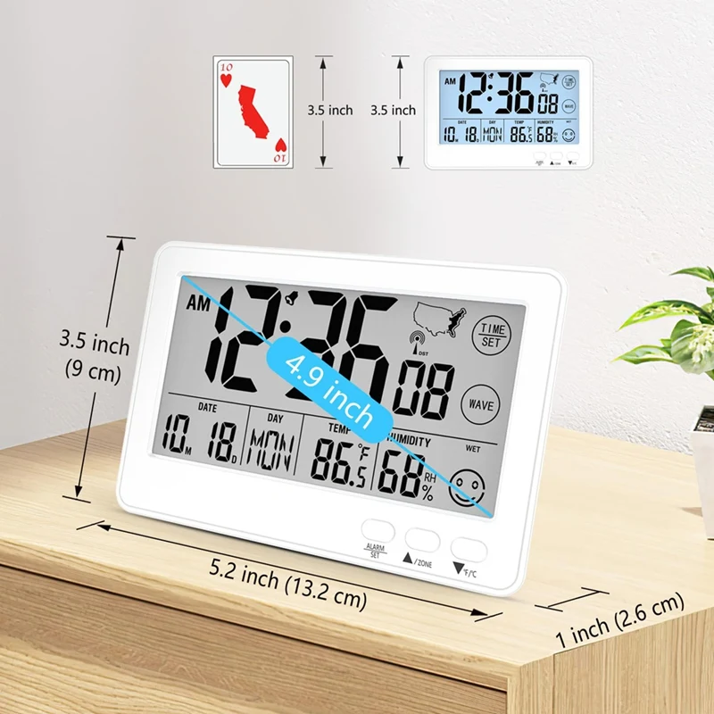 Small Desk Automic Alarm Clock for Bedroom,Self-Calibrating Time and Date Clock with Zone,,Temperature,Humidity-A009