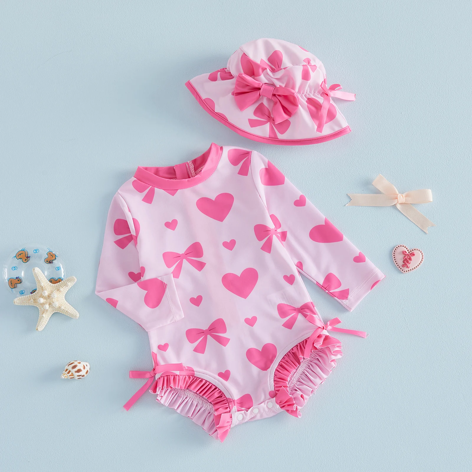 Summer Toddler Baby Girls Swimsuits Heart Bow Rush Guard Long Sleeve Bathing Suits with Sun Hats 2 Piece Swimwear Beachwear