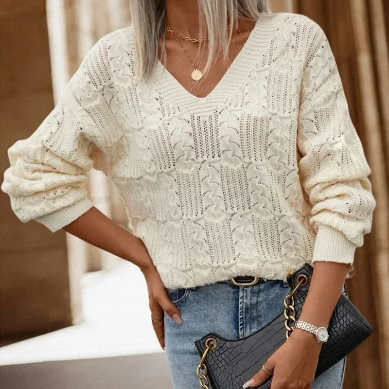 Suéter calado de punto de talla grande para mujer, suéteres finos de gran tamaño con cuello en V para primavera y otoño, moda holgada sencilla