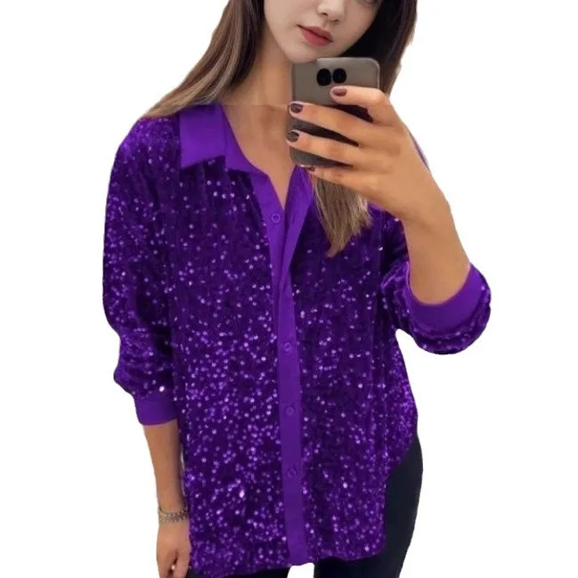 2022 Winter Neue Mode Stehkragen Taste Pailletten Hemd frauen Top