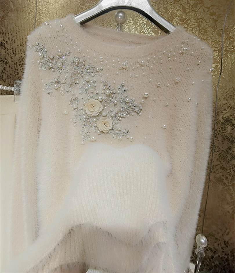 Luxury Style Sparking 3D Floral Embroidery Diamonds Beaded Mohair Short Sweater Faux Fur Knitted Pullovers Mink Cashmere Top