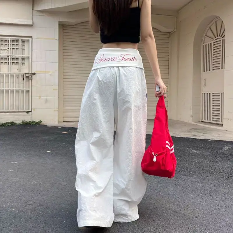 Deeptown Vintage Letter Women Cargo Pant Wide Leg Hip Hop American Style Parachute Pants Loose Grunge Trousers Streetwear Casual