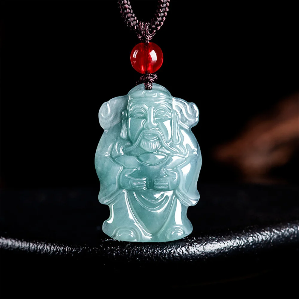 

Natural Ice Jadeite Hand Carved Chinese God of Wealth Lucky Pendant Amulet Necklace Certificate Trendy Luxury Jade Gift Jewelry