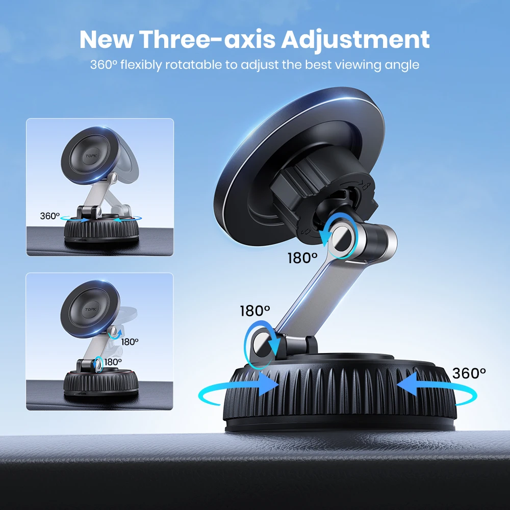 TOPK マグネット式車載スマホホルダー 折りたたみ式 Magsafe対応 360度回転 ° iPhone、Samsung用回転式吸盤スタンド、壁掛けデスクホルダー