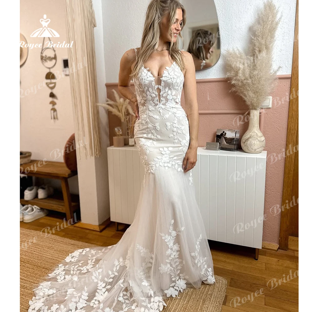 Roycebridal Hippie encaje sirena vestidos de novia tirantes espagueti Vedtidos Vintage Boho playa vestidos de novia 2025 personalizado