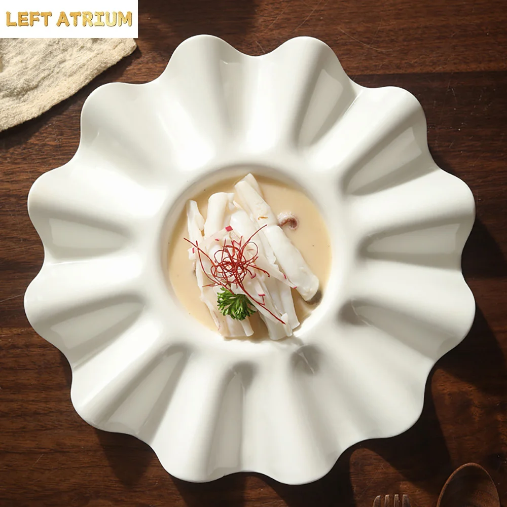Ceramic Wave Flower Edge Plate White Dessert Dim Sum Pasta Plate Irregular Serving Plates Sushi Dish Restaurant Tableware