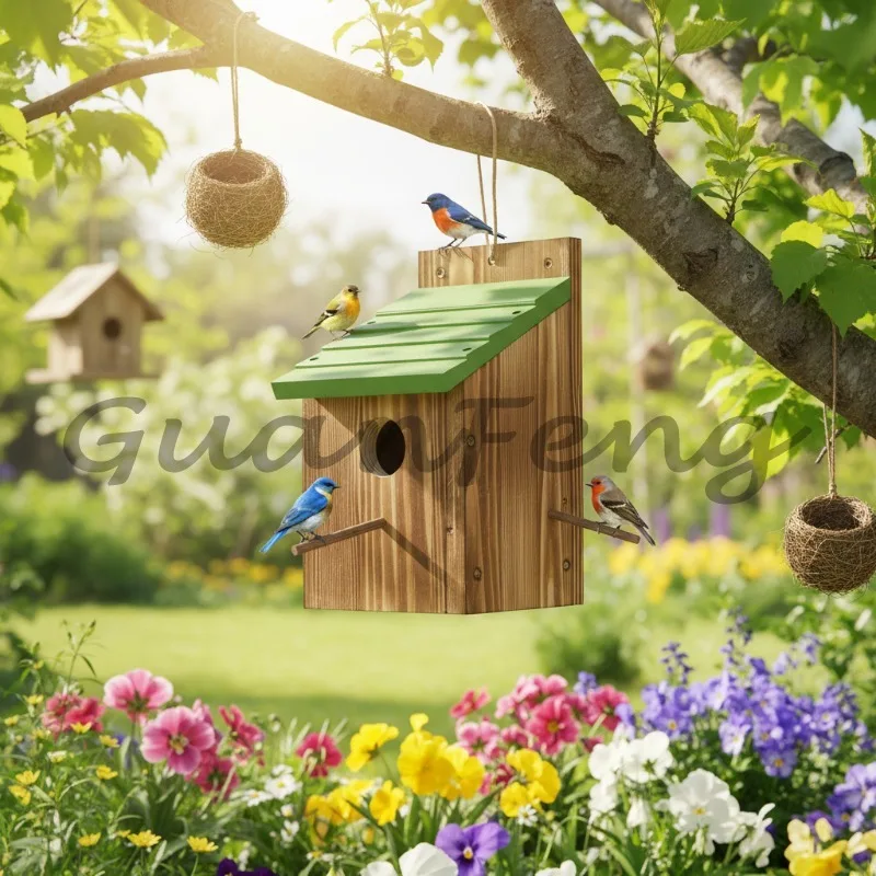 Modern pine nest box for wrens, greyfinches, hummingbirds and parakeets - outdoor birdhouse with habitat