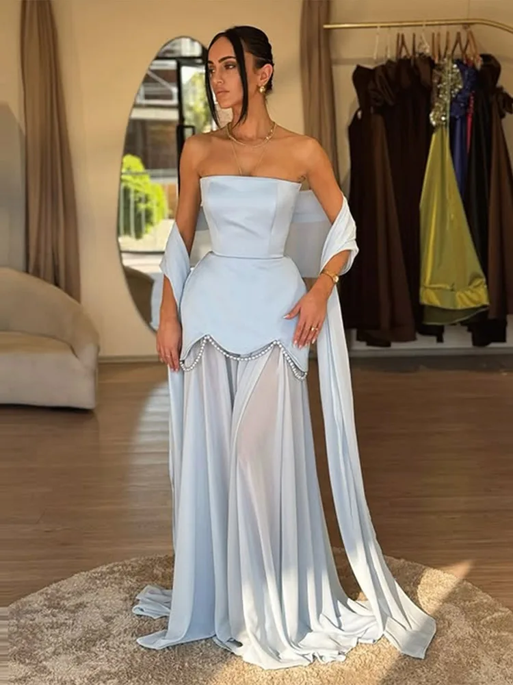 Sem alças vestidos de baile pérolas frisado sem costas uma linha chiffon ocasião especial vestido de noite 2025 vestido de festa de casamento feminino