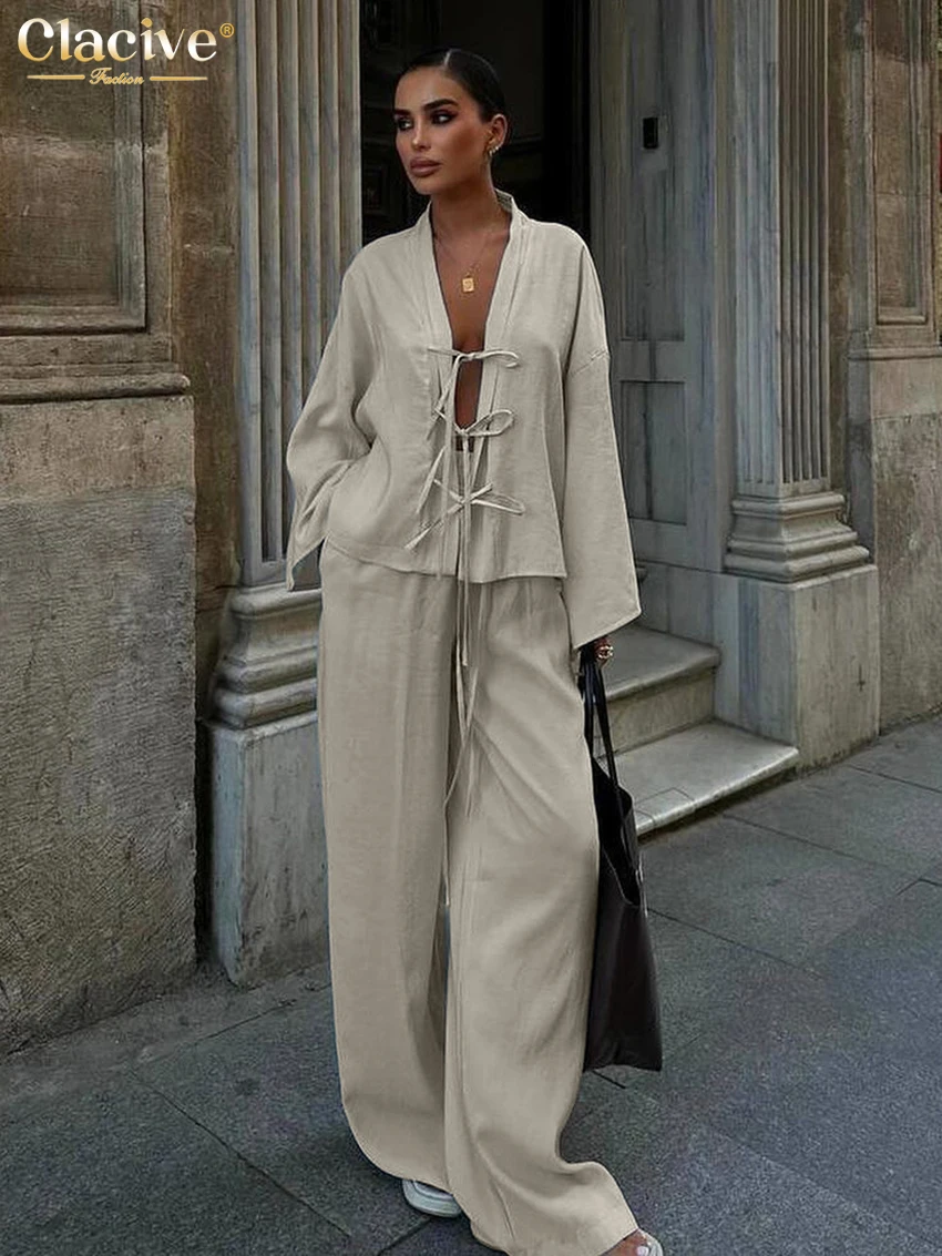 Clacive Mode Lose Khaki 2-teiliges Set Damen Outfit 2024 Elegantes Langarm-Schnürhemd mit hoher Taille und weitem Hosen-Set