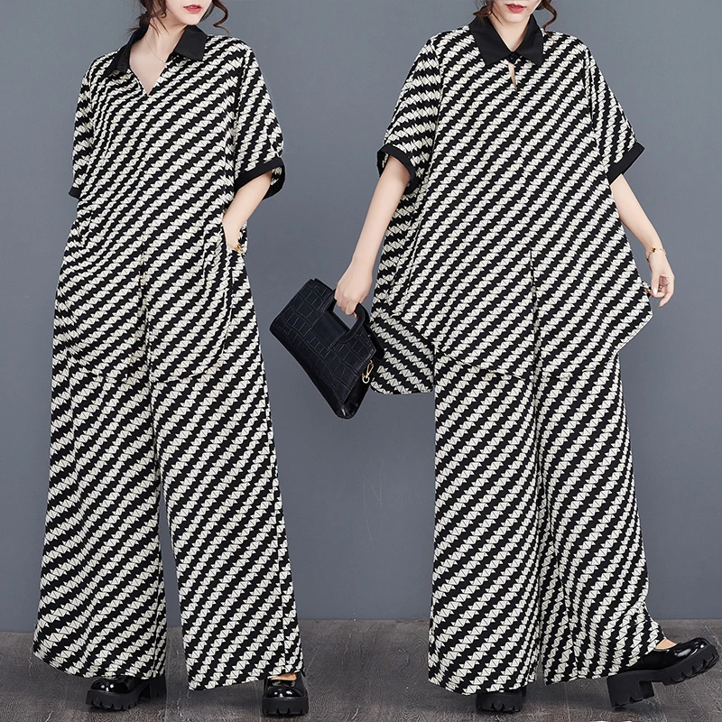

Summer New Fashion POLO Collar Color Contrasting Loose Plus Stripes Top Casual Unique Wide Leg Pants Two Piece Set
