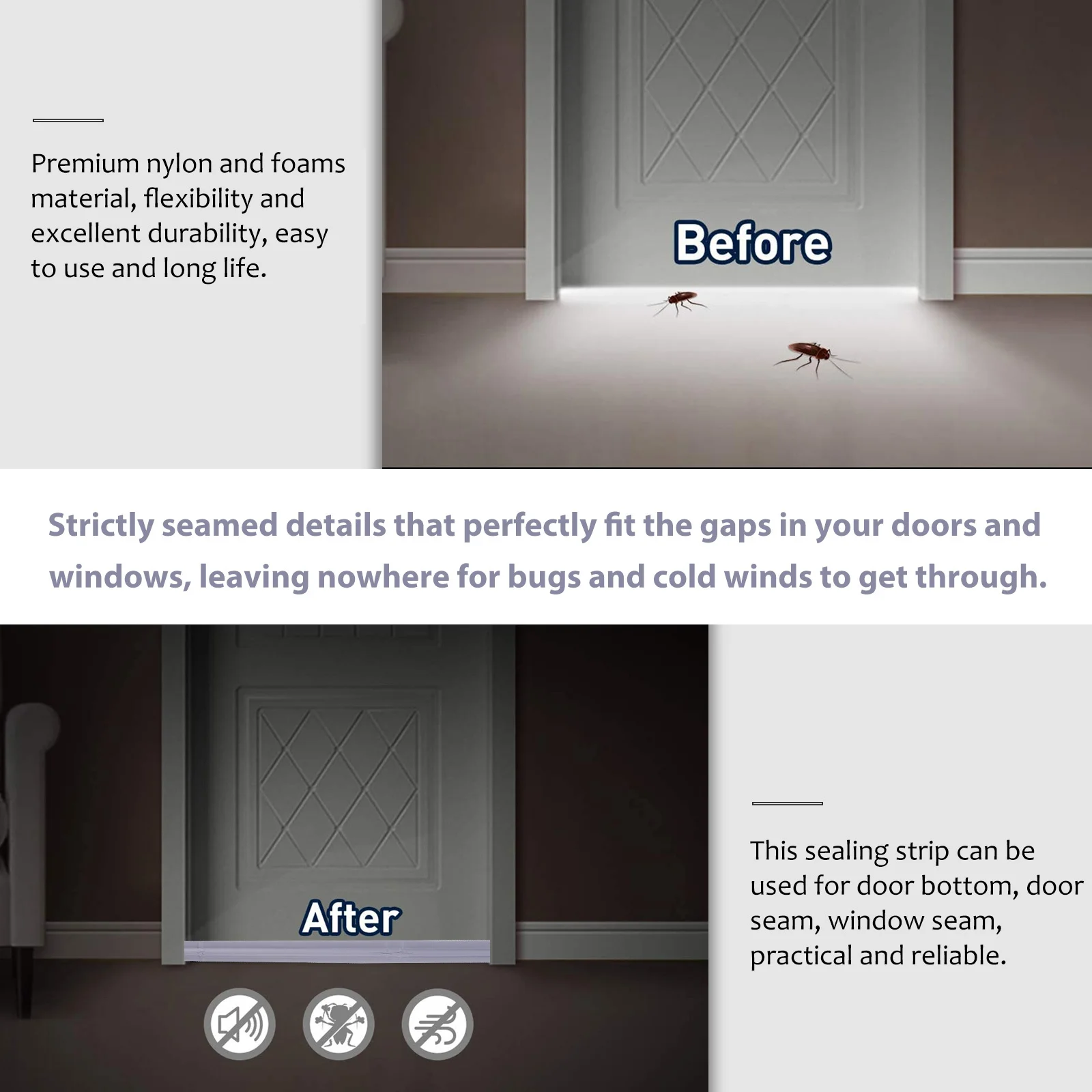 1 لفة ذاتية اللصق الباب أسفل شريط عازل مقاوم للماء الغبار يندبروف لنافذة الباب التماس العزل طوقا شريط الطقس #3