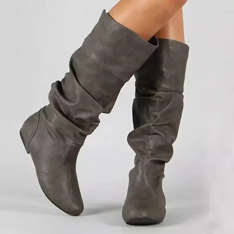 Botas planas para mujer, botas de cuero plisadas a la moda, zapatos sin cordones a media pantorrilla para otoño e invierno, botas altas de diseñador de marca