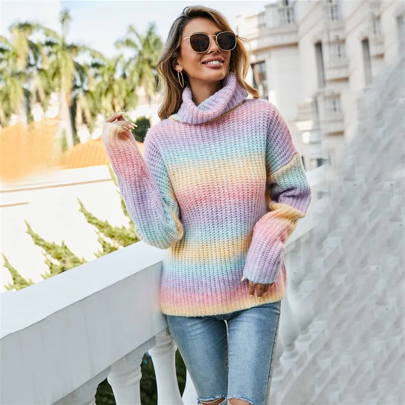 

2025 EBYA Women's Rainbow Pullover High Ne Oversized Long Sve Cleanfit Sle Knitwear Casual Comfortable Loose Fit Sweater