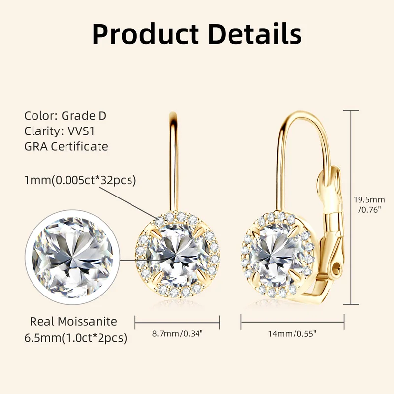 RAPRGOLD 6.5mm D Color Moissanite Drop Earrings For Women 925 Sterling Silver Piercing Hoop Earring Fine Jewelry Gift Pendientes