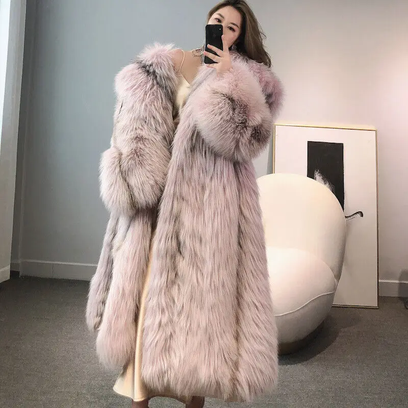 

Fashion Pink Fox Fur Overcoat Women Luxury High Quality Outertwear Winter Weave Hooded Real Fur Coat Lady