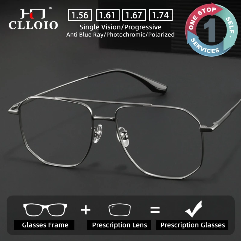 

CLLOIO Ultralight Titanium Prescription Glasses Anti Blue Light Pilot Oversize Frame Myopia Glasses Progressive Reading Eyewear