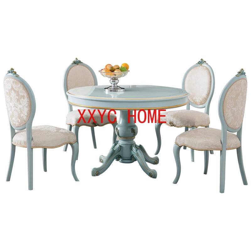 

French Pastoral Style round Dining Tables and Chairs Set Solid Wood Jacquard Fabric Gold Carving