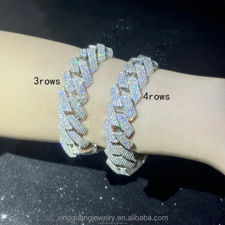 Hip hop jewelry pass diamond test 20mm 2rows 3rows 4rows cuban link chains 925 silver GRA moissanite chains bracelet necklace