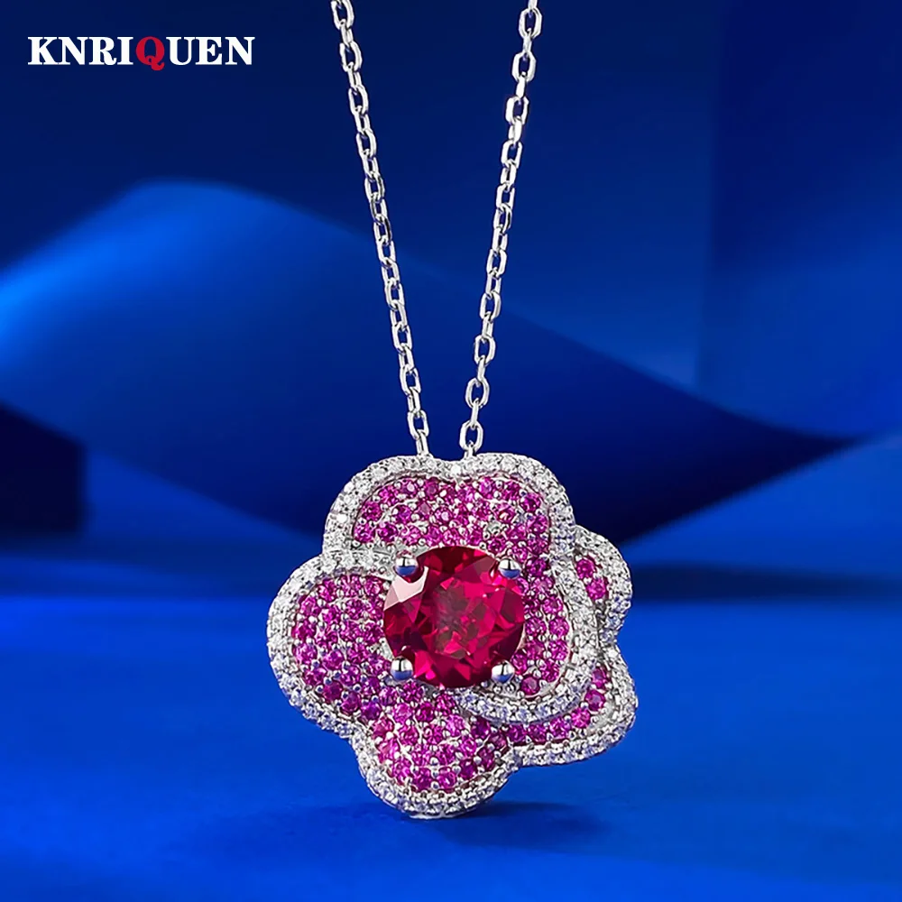 Vintage 925 Sterling Silver 8*8mm Blood Ruby Rose Pendant Necklaces for Women Gemstone Wedding Party Fine Jewelry Birthday Gift