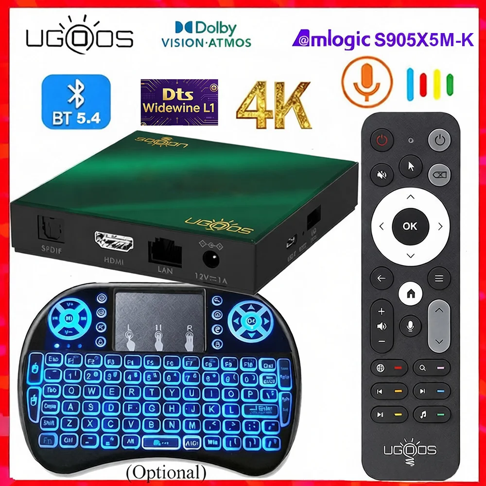 

Ugoos SK4 Pro TV Box Android 14 Amlogic S905X5M-K 4GB LPDDR4 64GB 4K 60fps AV1 VP9 H.265 Wi-Fi 6 BT5.4 100M Ethernet Media Playe